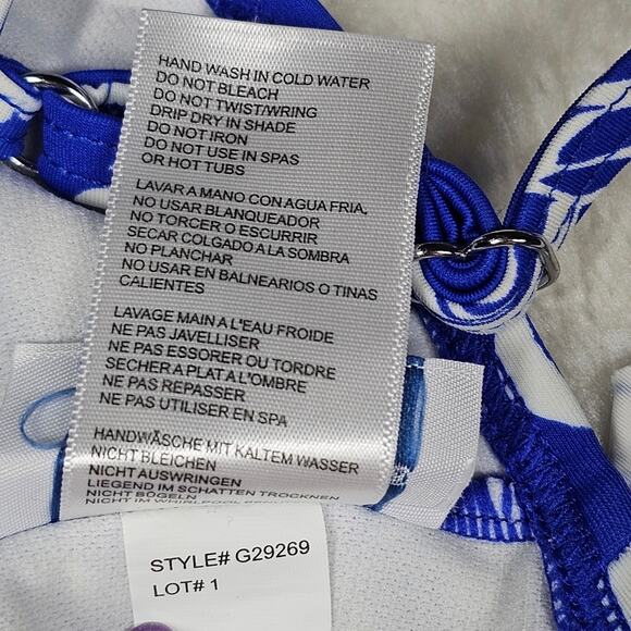 Gabar One Piece Swimsuit Royal Blue & Floral, V Neck with Ruffle Women's Size 14 - Picture 11 of 12